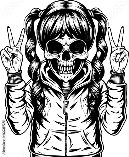 SVG of a rapper-themed skull and skeleton in an edgy tattoo style. Creepy Girl with Skull Head and Peace Sign Gesture Illustration