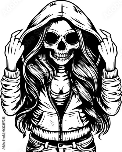 SVG of a rapper-themed skull and skeleton in an edgy tattoo style. Skull Woman with Long Hair Wears Hoodie and Shows Middle Finger