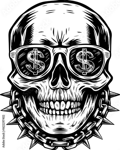 SVG of a rapper-themed skull and skeleton in an edgy tattoo style. Skull With Sunglasses Featuring Dollar Signs and Spiked Chain