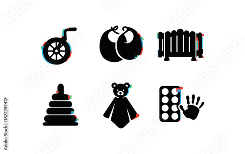 six different glitch effect illustration isolated on white backgorund toddler tricycle wheel toddler bib set toddler playpen fence toddler stacker toy toddler plush blanket toddler finger