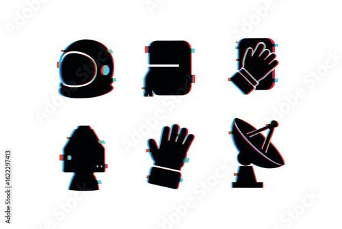 six different glitch effect illustration isolated on white backgorund astronaut helmet visor astronaut life support pack astronaut spacecraft module astronaut glove pressurizer astronaut