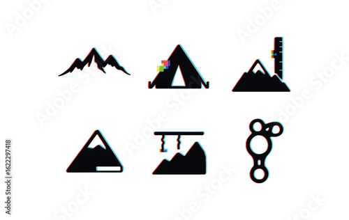 six different glitch effect illustration isolated on white backgorund mountain ridge line sketch mountain base camp tent mountain elevation gauge mountain snow sill shelf mountain avalanche