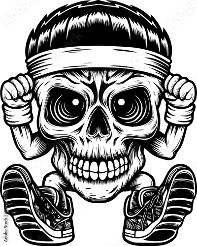 SVG of a rapper-themed skull and skeleton in an edgy tattoo style. Energetic Skull Character with Athletic Gear and Bold Expression