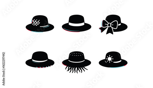six different glitch effect illustration isolated on white backgorund straw hat palm weave pattern straw hat UV lining straw hat ribbon bow straw hat crown vent straw hat seaweed fiber