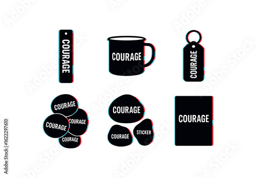 six different glitch effect illustration isolated on white backgorund courage bookmark courage enamel mug courage keychain tag courage sticker pack courage affirmation stones courage art