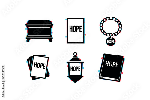 six different glitch effect illustration isolated on white backgorund hope chest scrapbook hope quote poster hope charm bracelet hope affirmation cards hope lantern pendant hope journal