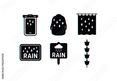 six different glitch effect illustration isolated on white backgorund rainproof phone pouch rain slicker backpack cover rain shower curtain rain door mat rain garden sign rain chain