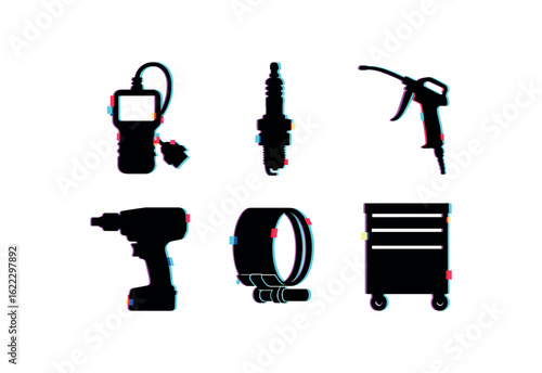 six different glitch effect illustration isolated on white backgorund mechanic diagnostic scanner mechanic spark plug socket mechanic grease gun mechanic impact drill mechanic piston ring