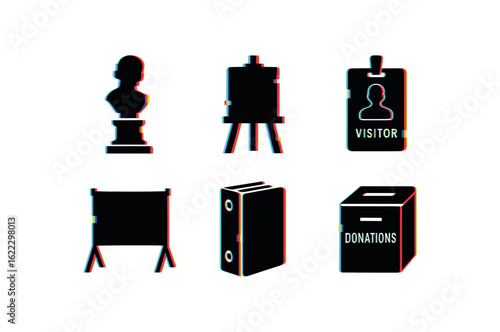 six different glitch effect illustration isolated on white backgorund museum tactile model museum artifact mount museum visitor pass museum exhibit backdrop museum catalog binder museum