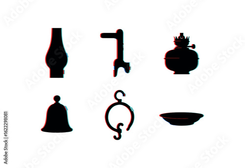 six different glitch effect illustration isolated on white backgorund oil lamp glass chimney oil lamp wick cutter oil lamp fuel reservoir oil lamp snuffer cap oil lamp hanging bracket oil