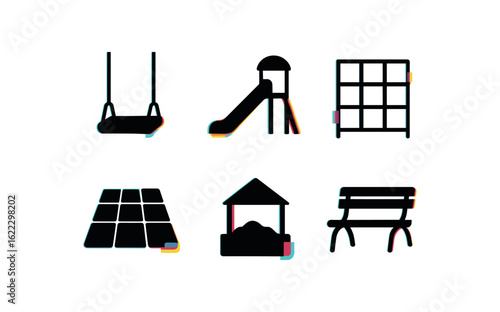 six different glitch effect illustration isolated on white backgorund playground swing playground slide panel playground climbing frame playground safety surface playground sandbox kit