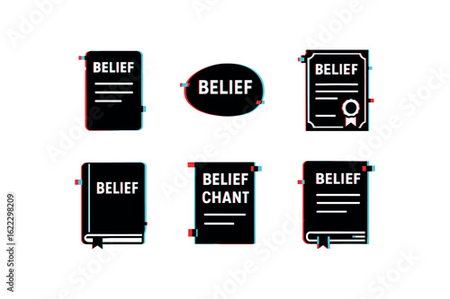 six different glitch effect illustration isolated on white backgorund belief affirmation cards belief board belief mantra stone belief pledge certificate belief journal belief chant