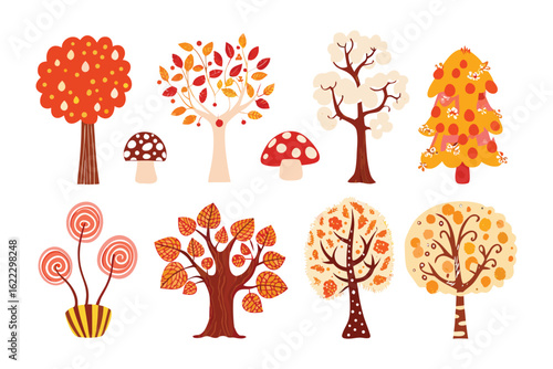 Autumnal Forest Illustration: A delightful collection of stylized trees and whimsical mushrooms. Depicting the change of the season.