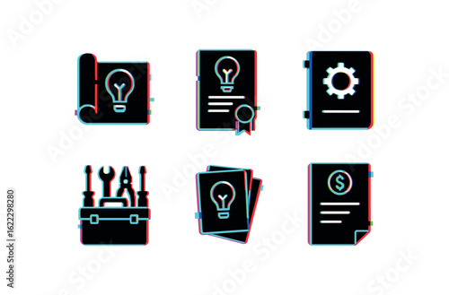 six different glitch effect illustration isolated on white backgorund invention prototype board invention patent draft invention lab notebook invention toolkit set invention brainstorming
