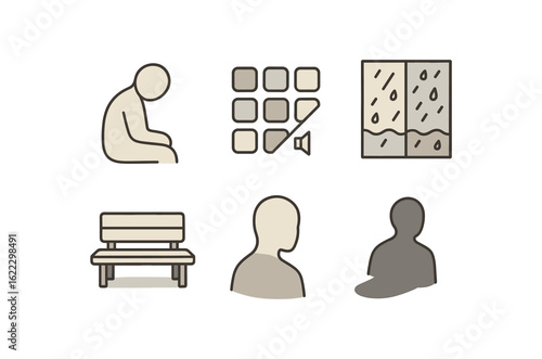 simple outline stroke icon items melancholy (solitary): lone figure muted color palette rainy window empty bench soft shadow silhouette monoline icons style isolated on white background