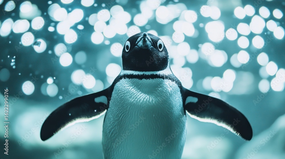 Naklejka premium Penguin in aquarium, outstretched wings, underwater, bokeh background