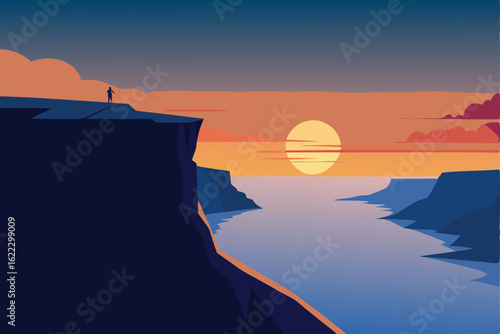 cliffside overlooking calm sea with warm sunset  .eps