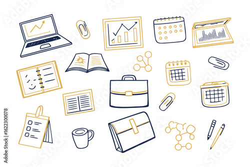 Office Stationery Hand-drawn: Capturing an array of everyday office items through a hand-drawn, vector graphic in this workspace essentials. A creative set of drawn images and elements.