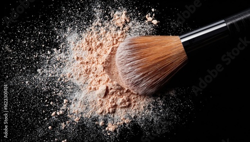 Light beige powder explodes around a makeup brush
