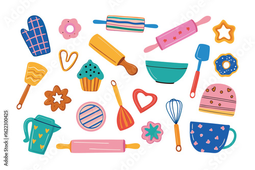 Baking Essentials: A colorful illustration of various baking essentials including rolling pins, cookie cutters, and a mixing bowl, perfect for any baker's kitchen.