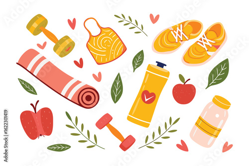 Fitness Essentials and Wellbeing: An overhead shot of diverse, essential fitness equipment, including yoga mat, weights, water bottle, and shoes, artfully arranged.