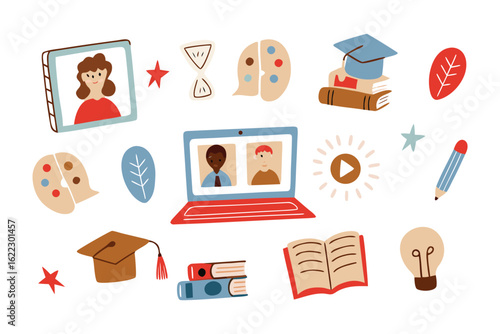 Digital Education Collage: A vibrant digital illustration showcasing an array of educational elements symbolizing online learning, remote study, and virtual classes.