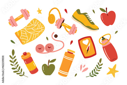 Fitness Essentials: A collection of vibrant fitness essentials, illustrating the tools and nourishment needed for a healthy lifestyle, against a clean backdrop, creating an inviting composition.