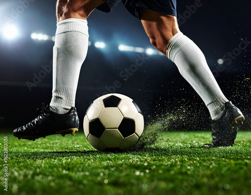 Close-up of a footballer’s leg kicking a ball on a stadium field. Dust and grass in motion, dramatic lighting, no face visible, sports editorial style.