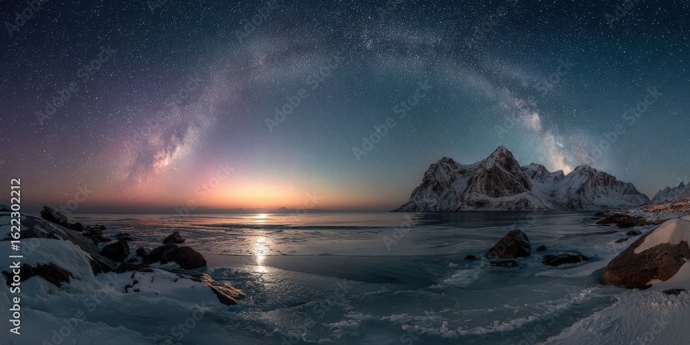 Naklejka premium Stunning Milky Way Arch Over Fjord and Snowy Mountains in Lofoten Islands, Norway