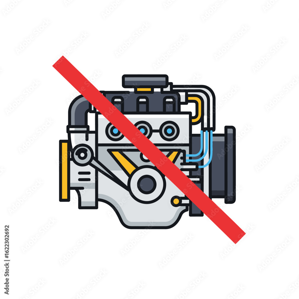 Fototapeta premium Ban on gasoline and diesel cars. Flat icon of a prohibited internal combustion engine for clean air concepts.