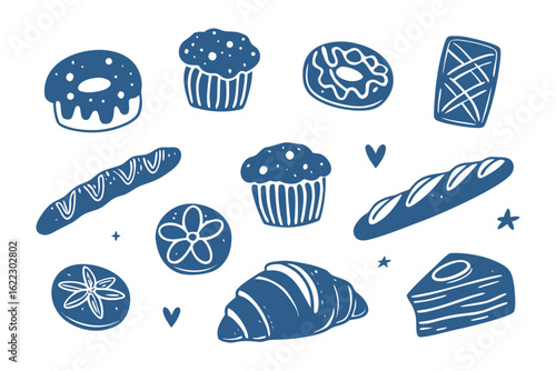 Sweet Treats Showcase: A delightful collection of illustrated bakery delights, artfully arranged to tantalize the taste buds. Perfect for food-related themes.