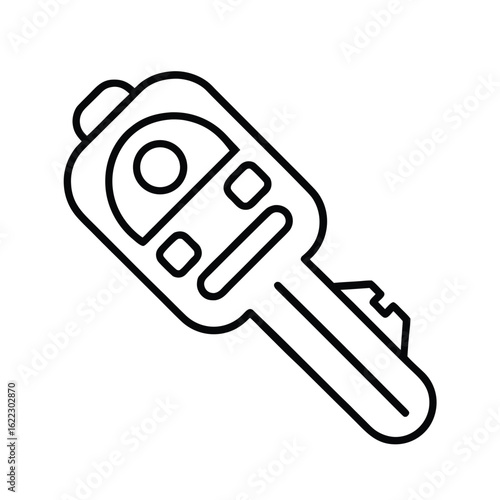 Modern car key icon with buttons and key fob 
A stylized black and white line art icon of a modern car key with a key fob, featuring buttons and a circular display.