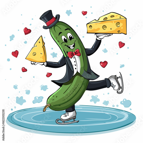 A formal pickle and a cheesy partner glide across the ice in a deli-inspired dance of clumsy romance.