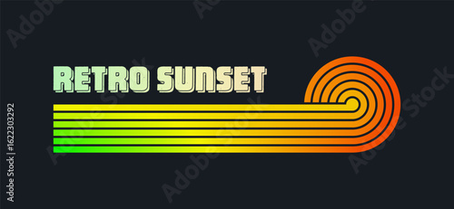 Vintage colorful sunset. Various gradient striped sunrise badges in 80s and 90s style. Sun and ocean view, summer vibes, surfing. Design element for print, logo or t-shirt. Vector illustration