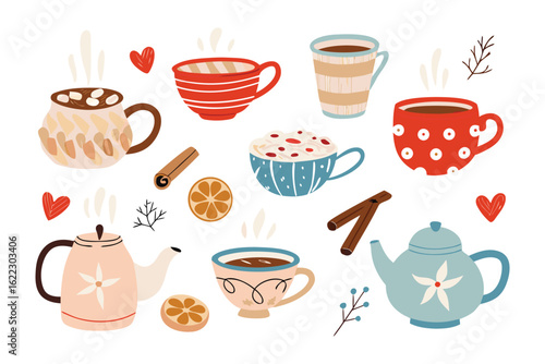 Warm Drinks: A delightful illustration of a variety of warm drinks and teapots evokes a sense of comfort and indulgence. This image captures the essence of coziness.