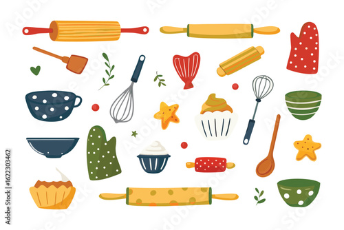 Baking Elements: A colorful assortment of essential tools for culinary creativity, presented with a touch of artistic charm, perfect for adding a dash of homemade delight to any project.