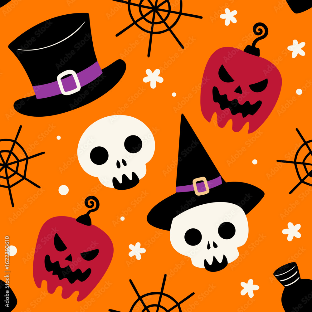Obraz premium Cute halloween pattern with skulls pumpkins and witch hats