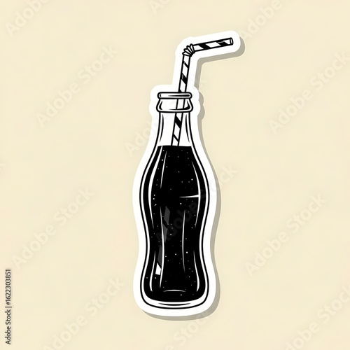 Refreshing dark soda beverage in classic glass bottle with striped straw, perfect for advertising and design