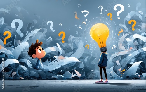 Boy with a lightbulb head amidst papers
