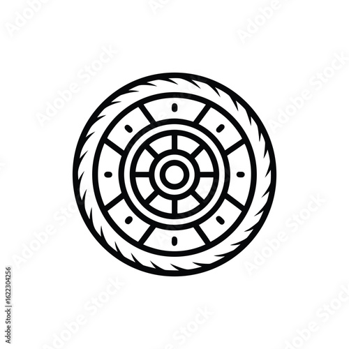 A black and white line art illustration of a circular emblem featuring a textured outer ring resembling tire treads and a detailed inner design with spokes.