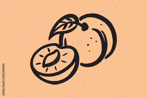 Peach fruit sketch with bold lines black vector illustration