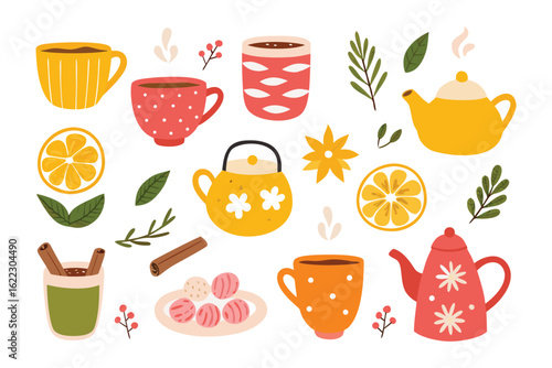 Tea Time Treasures: A collection of delightful tea-related elements, including cups, teapots, lemon slices, and charming decorative accents, arranged in a visually appealing array.