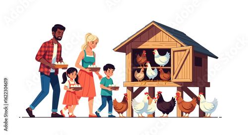 A delightful cartoon illustration capturing a family collecting fresh eggs from their chicken coop in the countryside