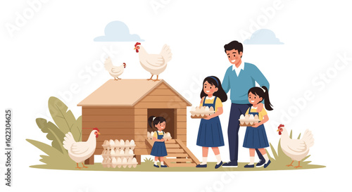 Illustration depicting family farming, featuring a father with his daughters collecting eggs from a chicken coop on their farm or backyard