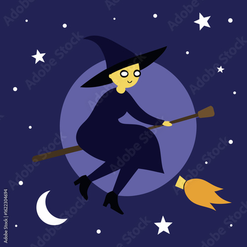 Cartoon witch flying on a broomstick under a crescent moon and stars