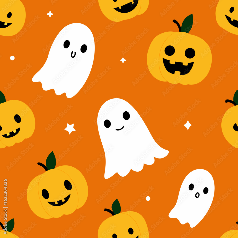 Fototapeta premium Cute halloween pattern with smiling pumpkins and friendly ghosts
