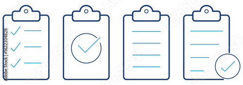 Clipboard Editable Line Icons Set. Clipboard, checklist, report, survey or agreement editable stroke outline icons. Document icon vector. File icon illustration. Checklist clipboard icon. Simple check
