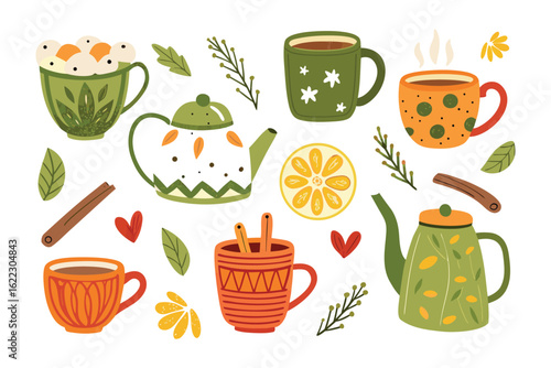 Cozy Drink Collection: A delightful assortment of warm, inviting cups and teapots, embodying the essence of comfort and tranquility, perfect for evoking feelings of home and relaxation.
