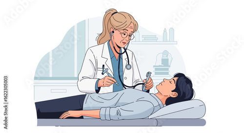Doctor examining patient with medical instruments in clinic for healthcare assistance concept