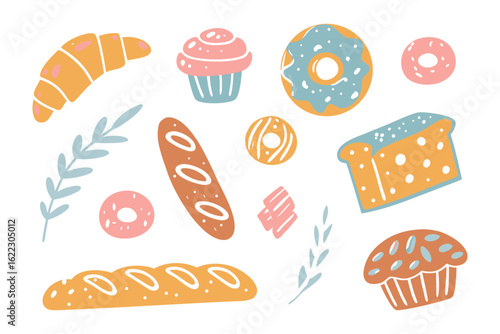 Baked Goods: a delightful collection of freshly baked pastries. A perfect visual for cafe menus, recipe blogs or bakery promotions, evoking feelings of warmth and culinary pleasure.